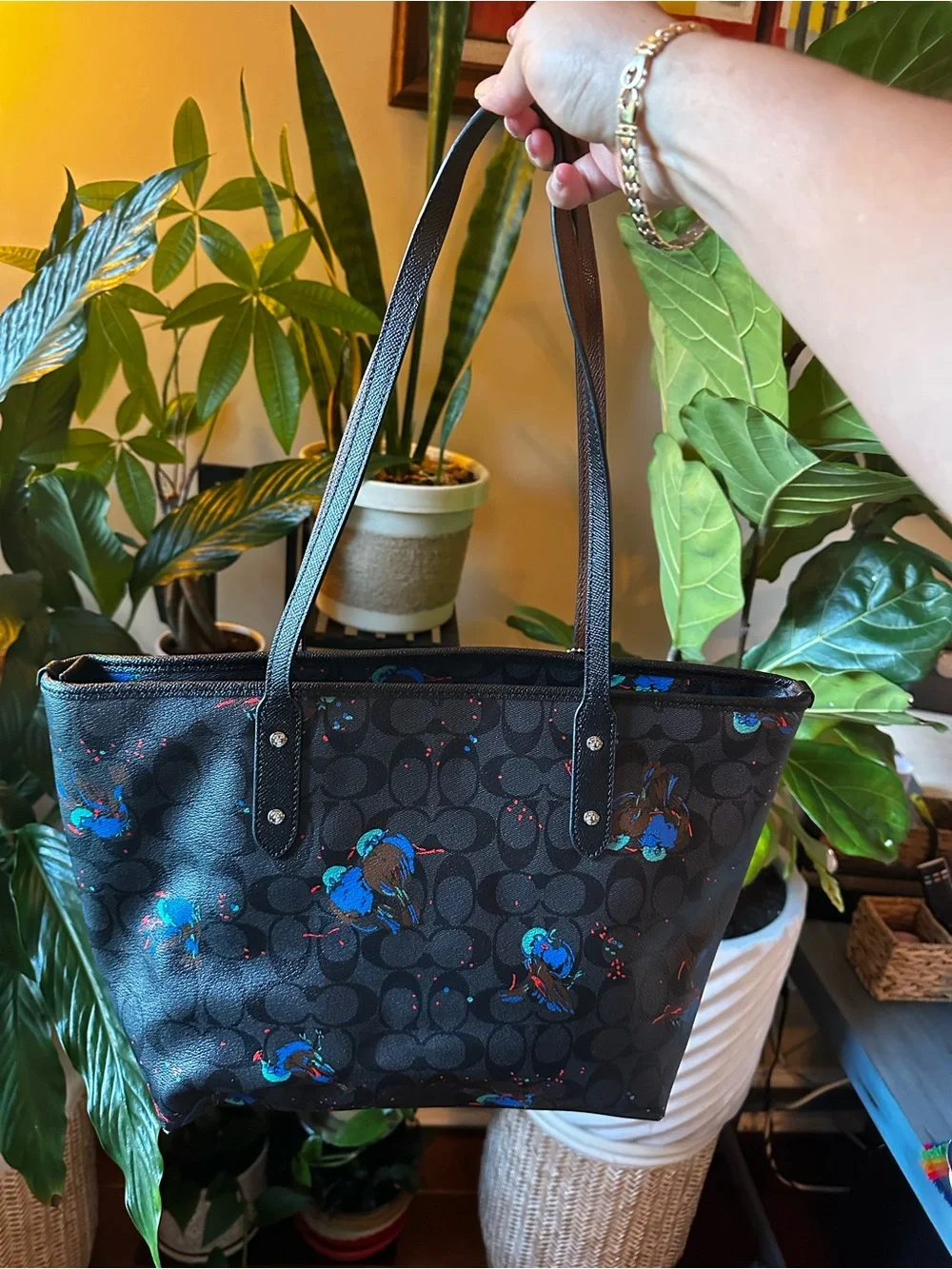 Authentic Coach Black Signature Tote with Blue Accent Floral Print